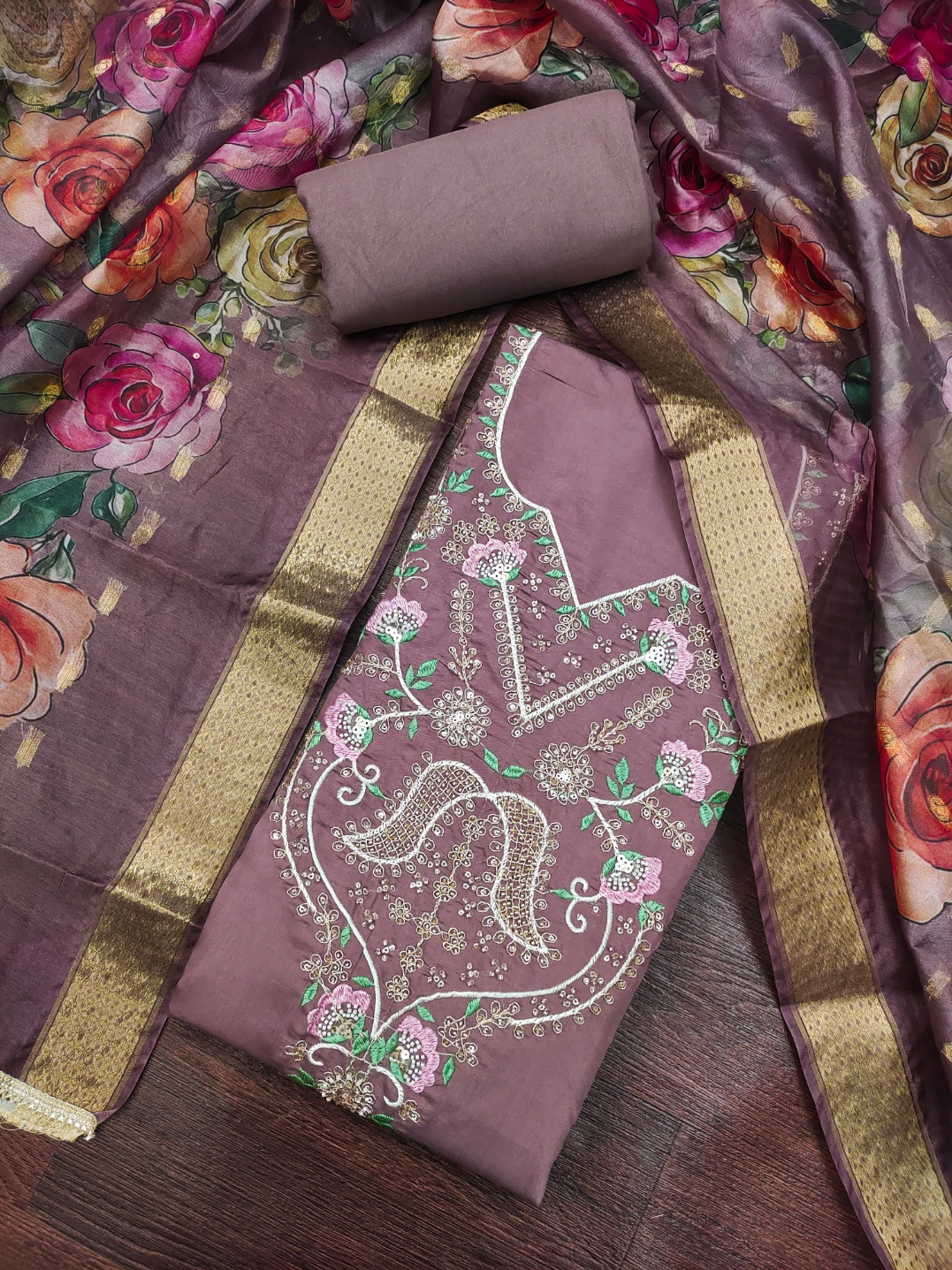 Purple Ornate Floral Cotton Silk Straight Suit