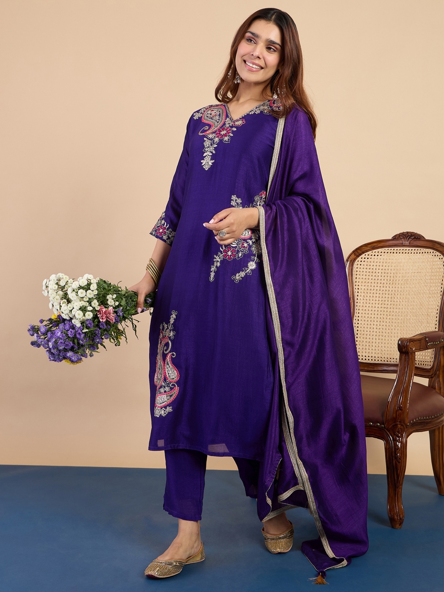 Purple Paisley Embroidered Silk Blend Kurta Set