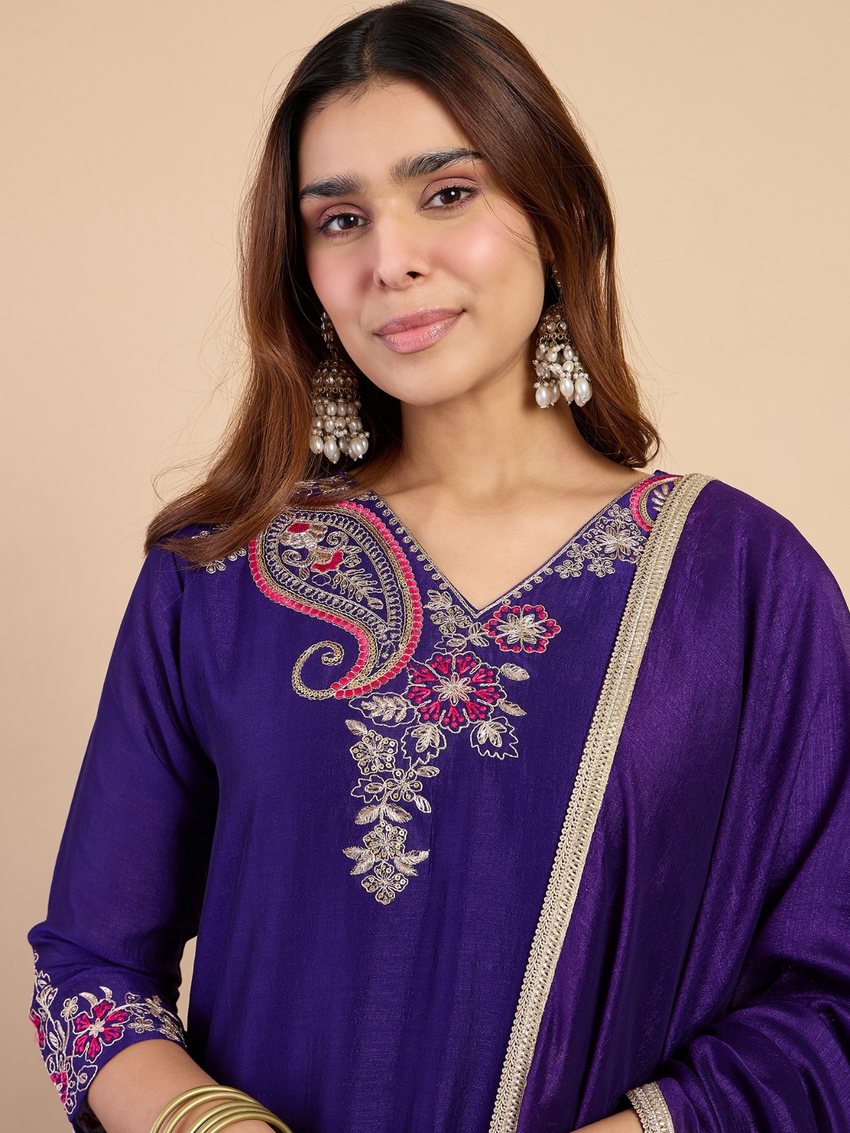 Purple Paisley Embroidered Silk Blend Kurta Set
