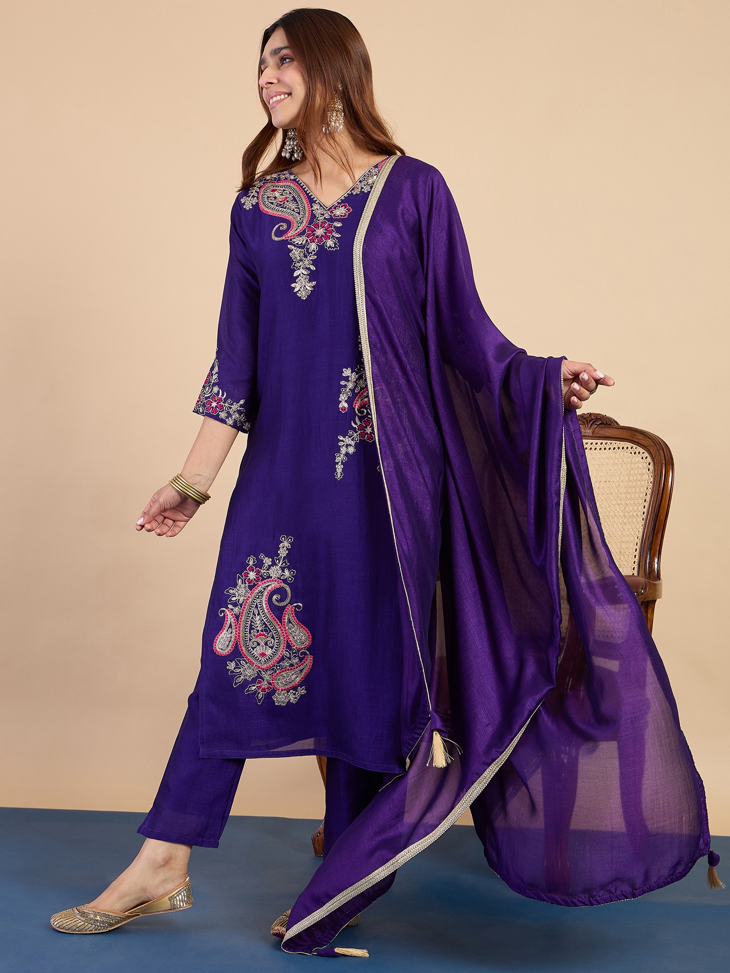 Purple Paisley Embroidered Silk Blend Kurta Set