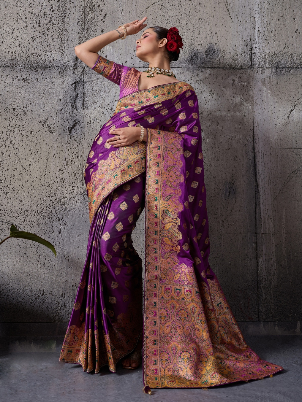 Purple Paisley Meenakari Satin Silk Saree