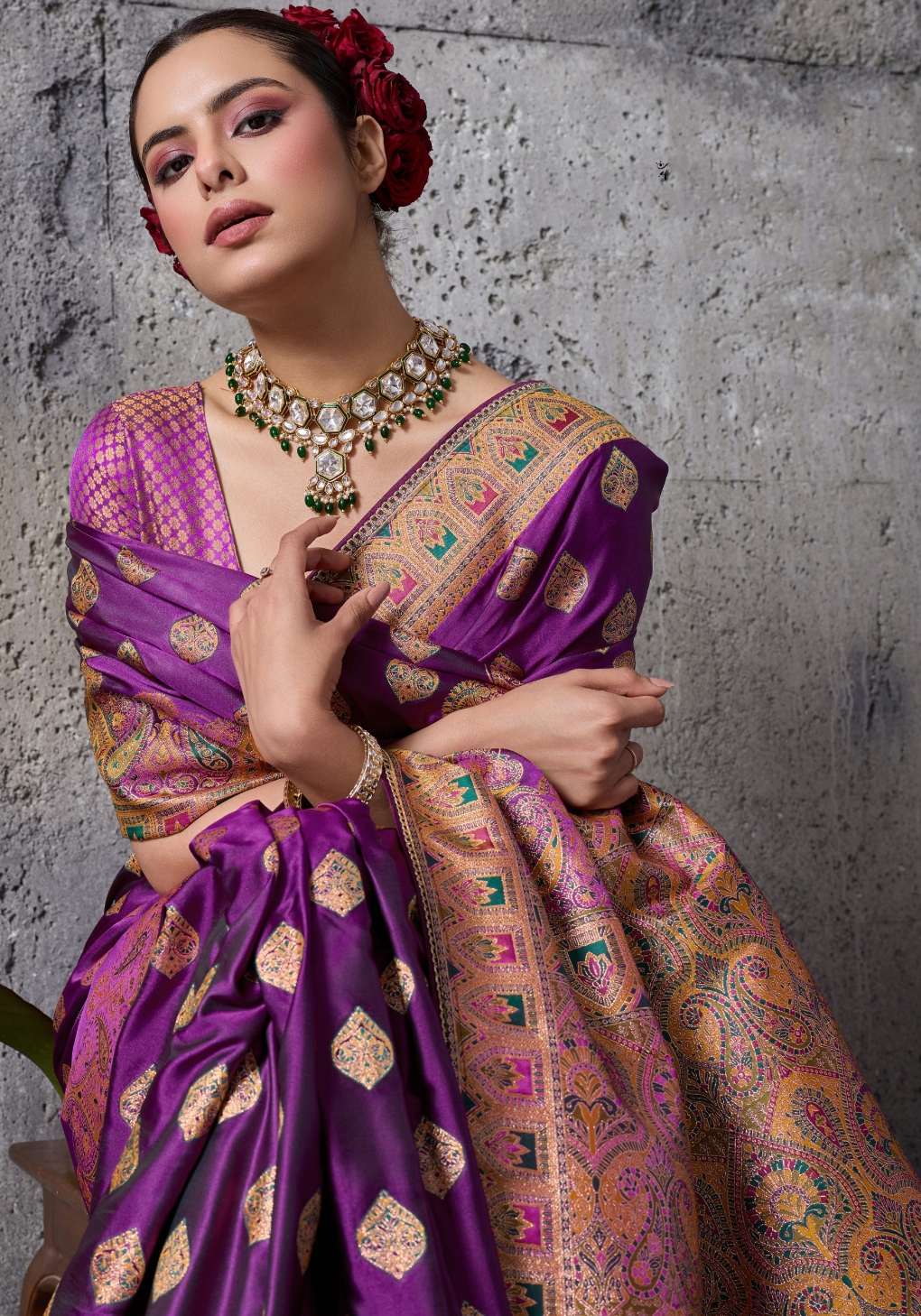 Purple Paisley Meenakari Satin Silk Saree — alternate view