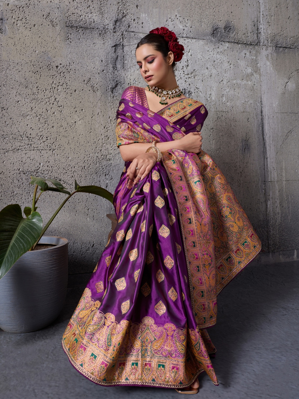 Purple Paisley Meenakari Satin Silk Saree