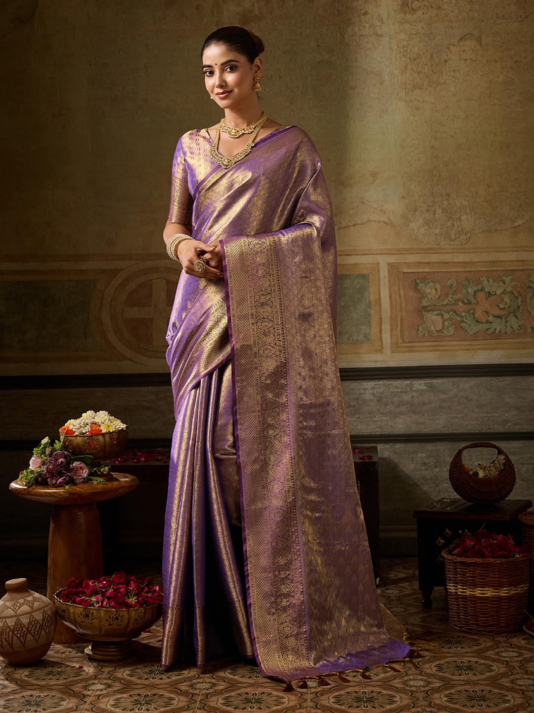 Purple Paisley Zari Work Kanchivaram Silk Saree