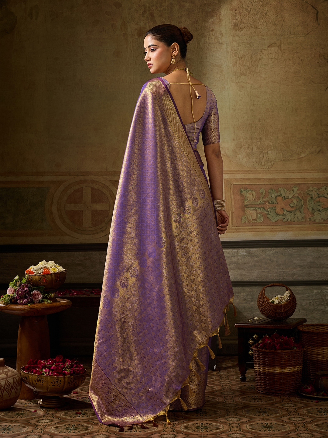 Purple Paisley Zari Work Kanchivaram Silk Saree — alternate view