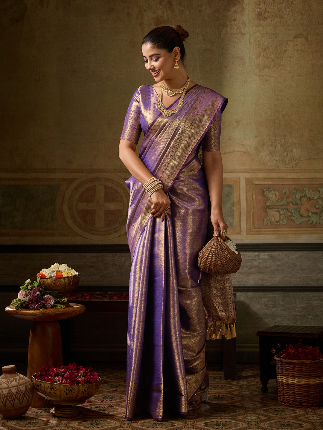 Purple Paisley Zari Work Kanchivaram Silk Saree