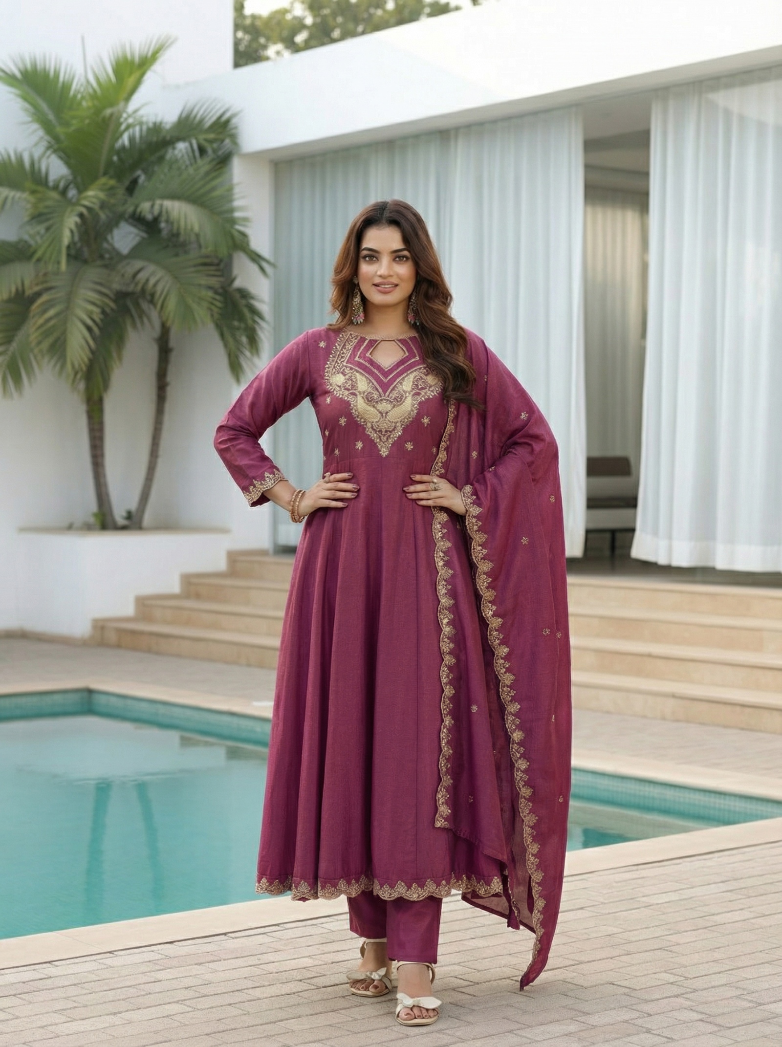 Purple Panelled Fendy Silk Anarkali Suit