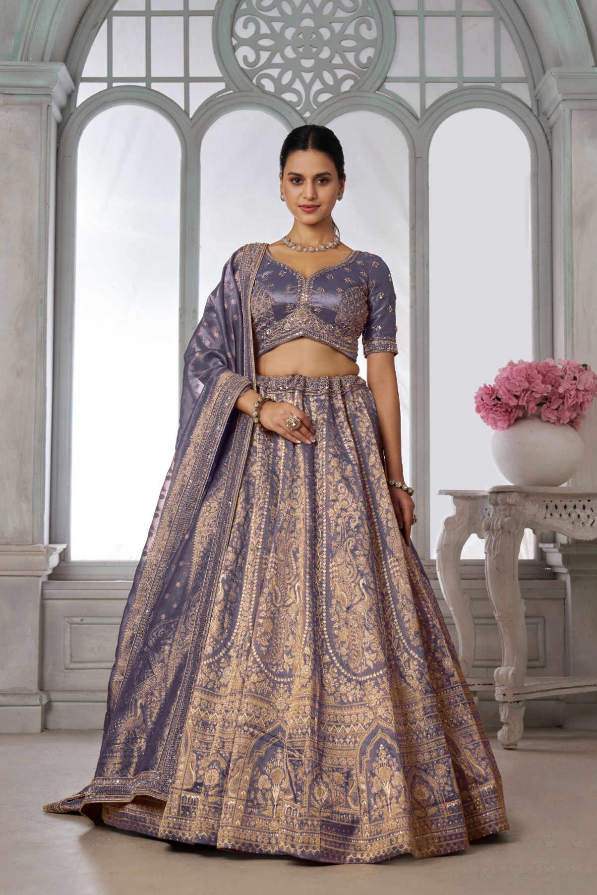 Purple Peacock Embroidered Kanjivaram Lehenga Choli