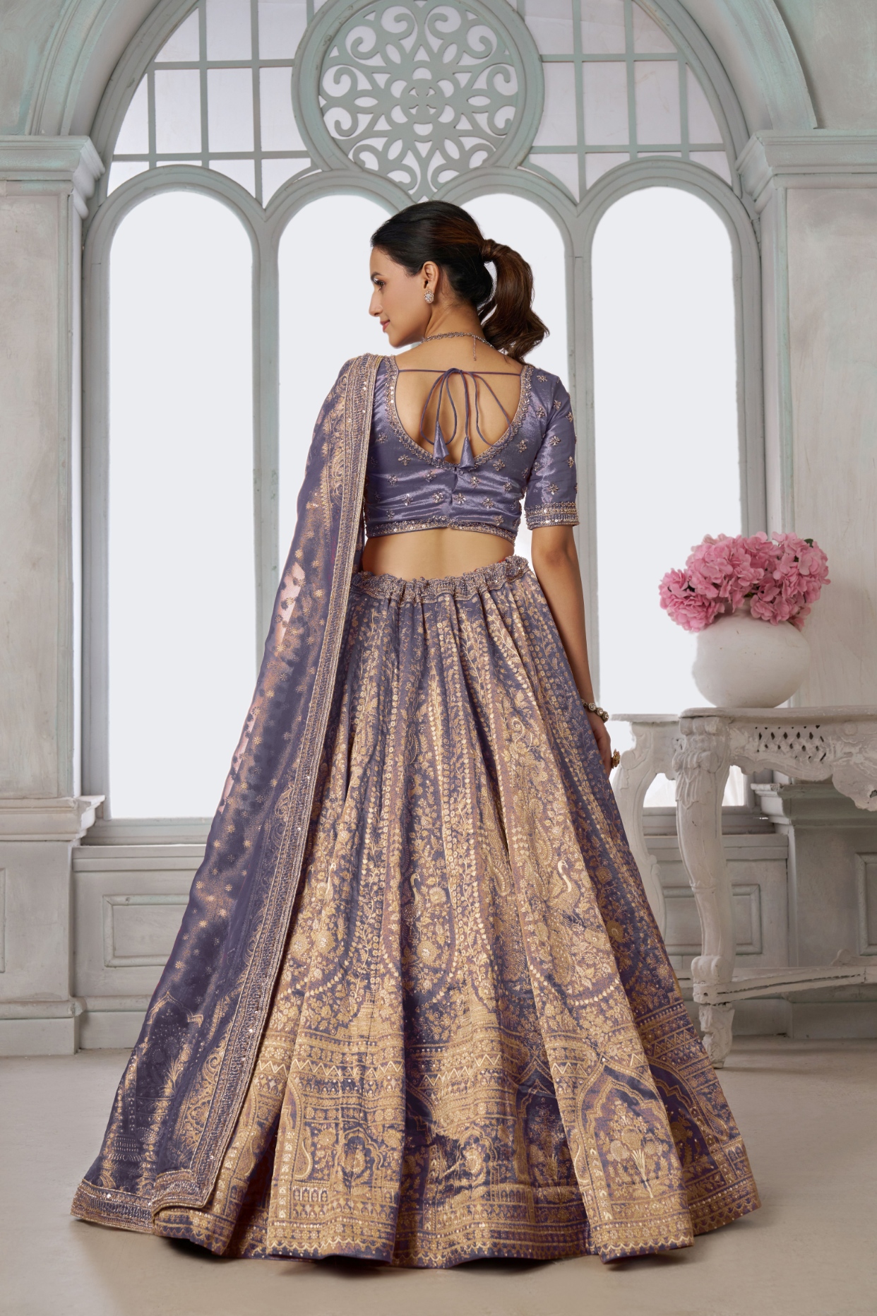 Purple Peacock Embroidered Kanjivaram Lehenga Choli — alternate view