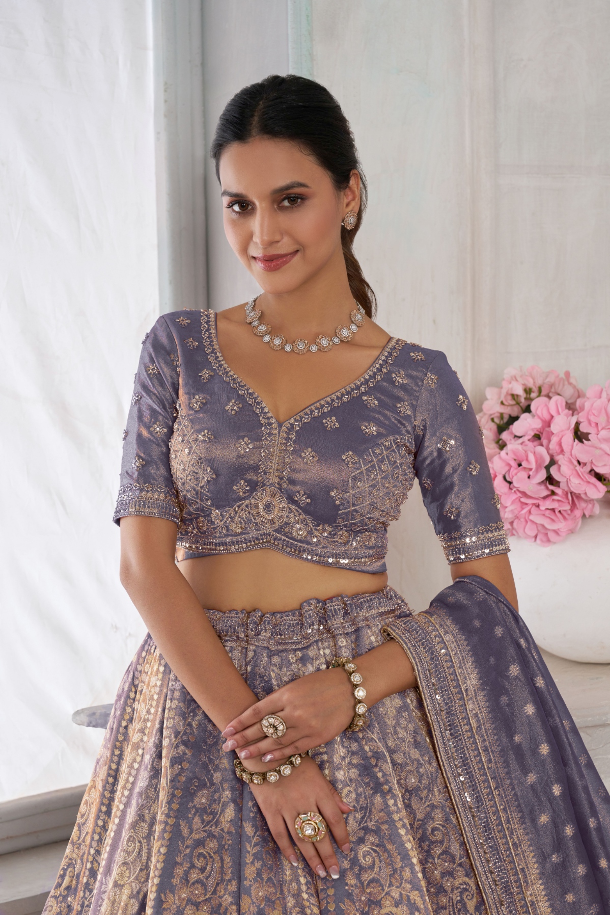 Purple Peacock Embroidered Kanjivaram Lehenga Choli