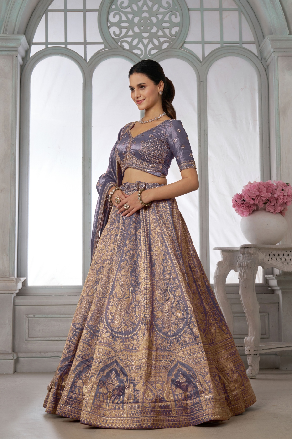 Purple Peacock Embroidered Kanjivaram Lehenga Choli