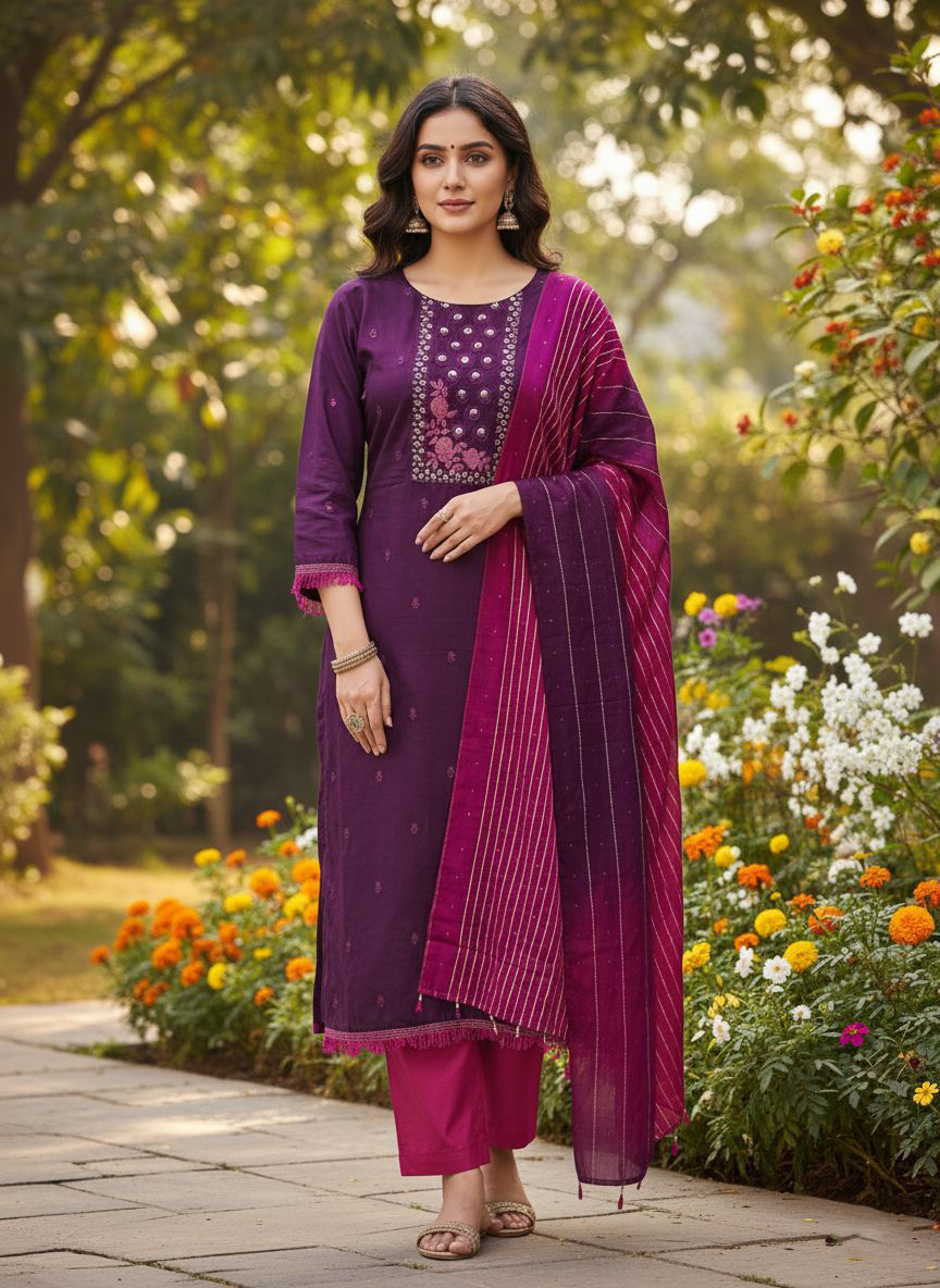 Purple Pink Embroidered Coco Silk Salwar Suit