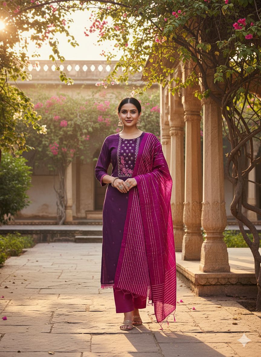 Purple Pink Embroidered Coco Silk Salwar Suit