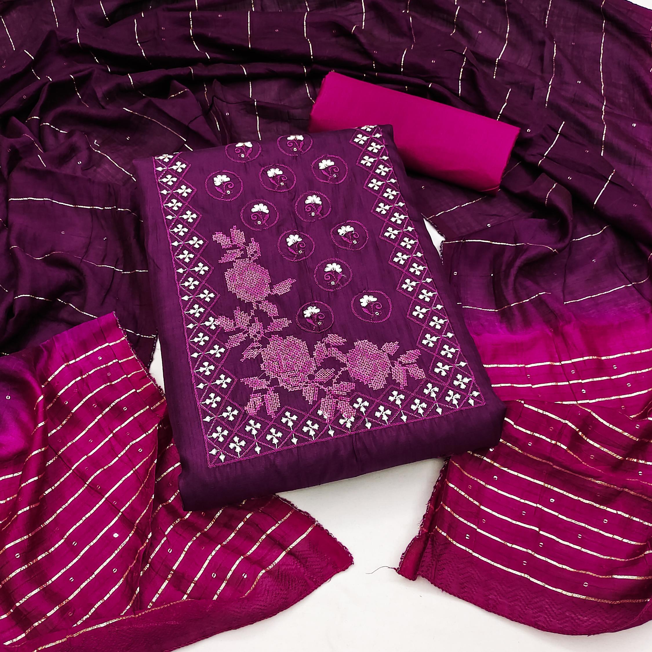 Purple Pink Embroidered Coco Silk Salwar Suit