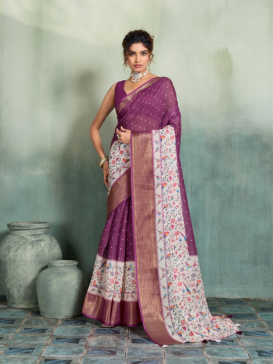 Purple Printed Jari Border Linen Saree