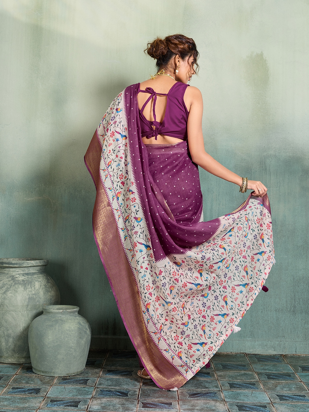 Purple Printed Jari Border Linen Saree — alternate view