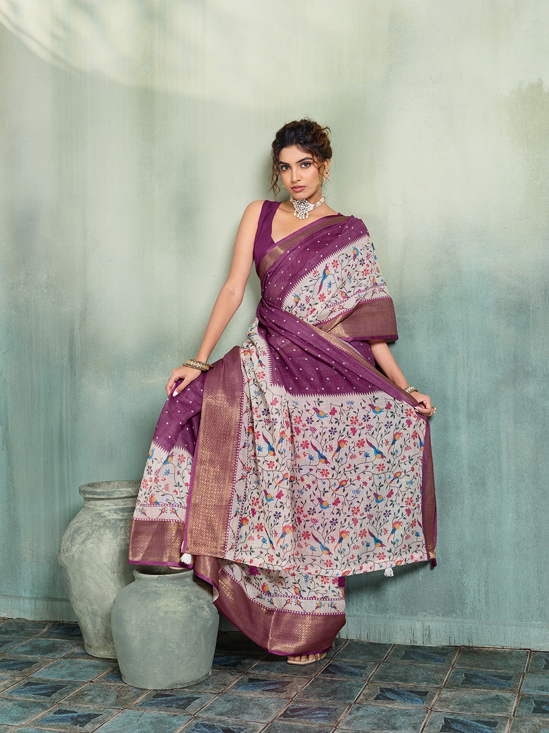 Purple Printed Jari Border Linen Saree