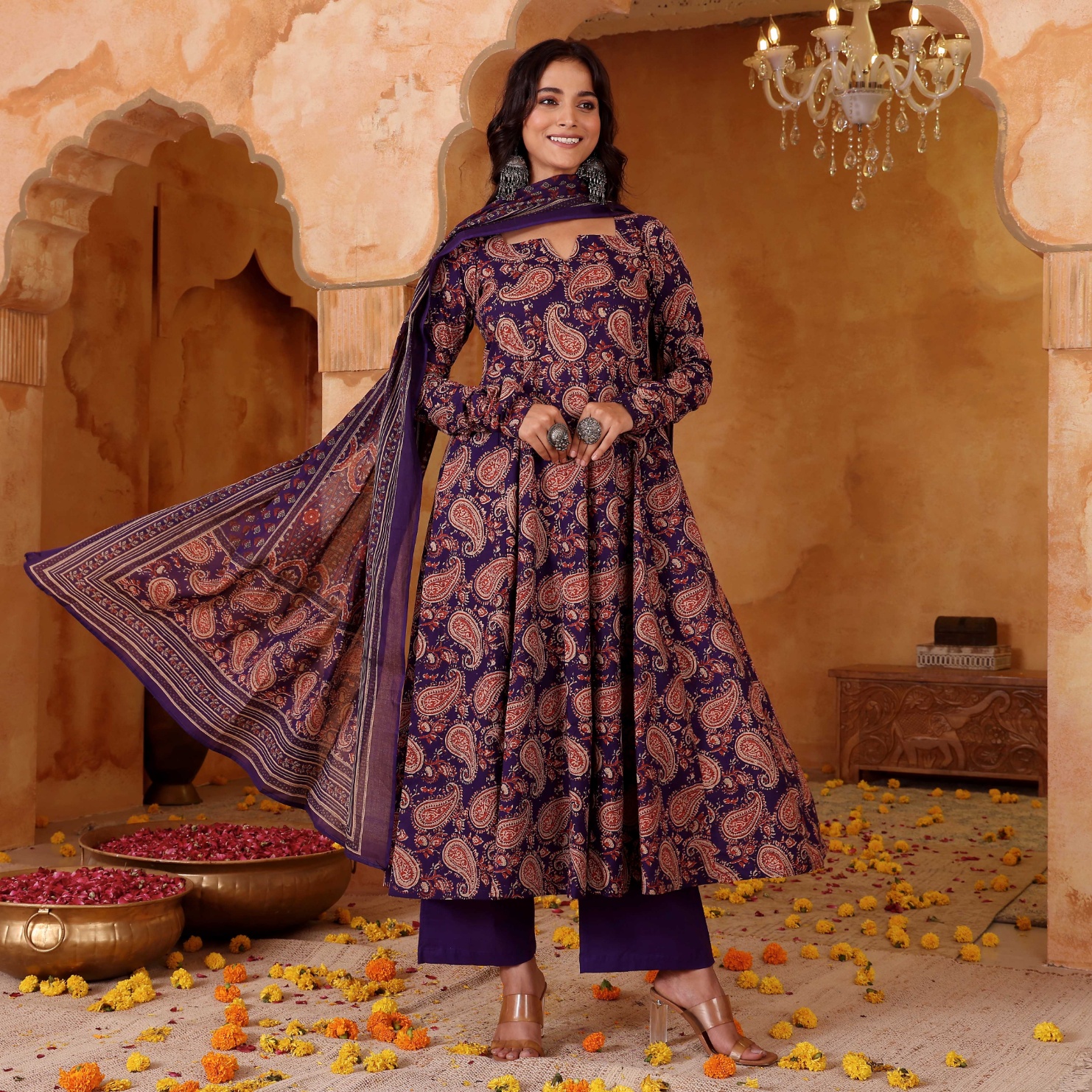 Purple Printed Rayon Blend Kurta Set