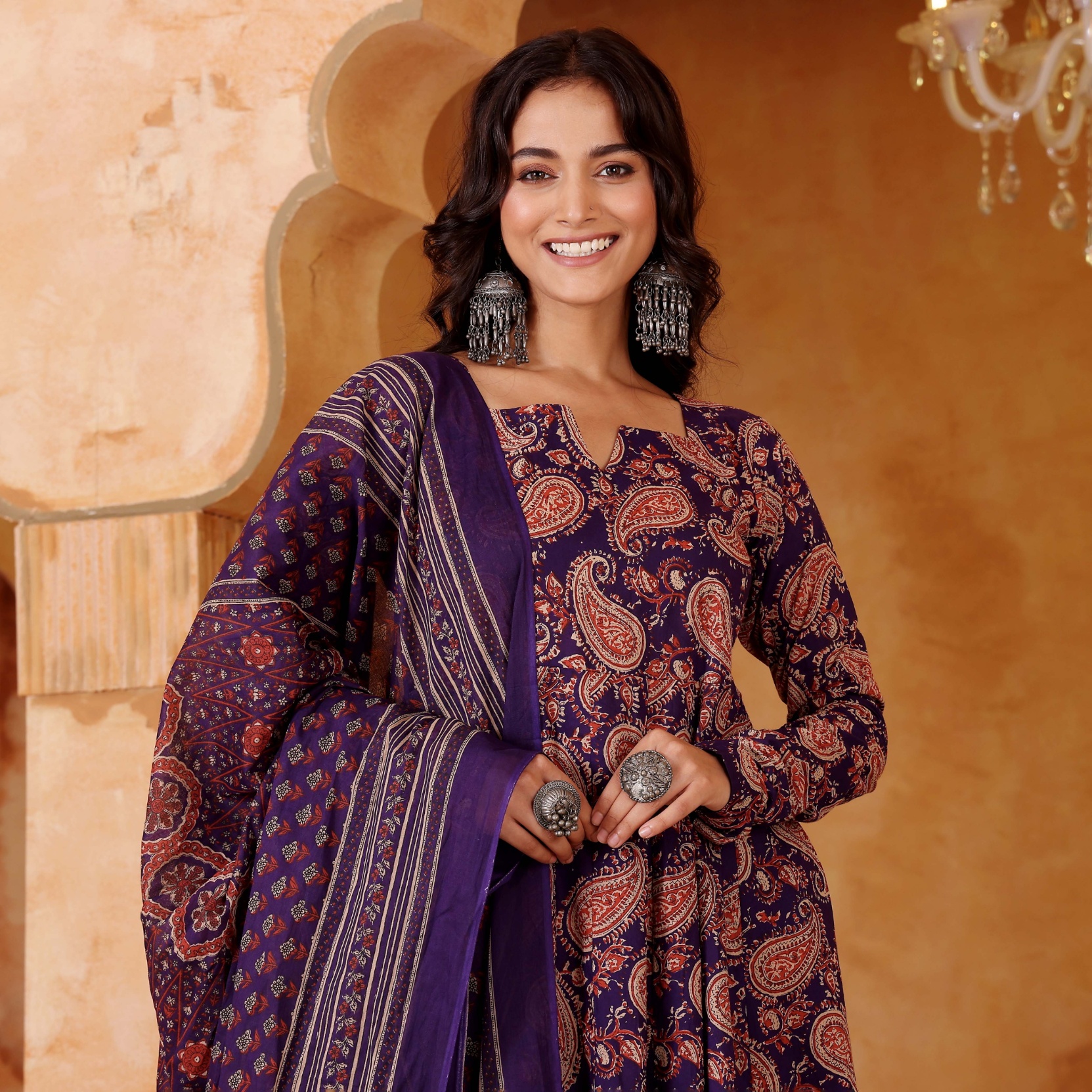 Purple Printed Rayon Blend Kurta Set