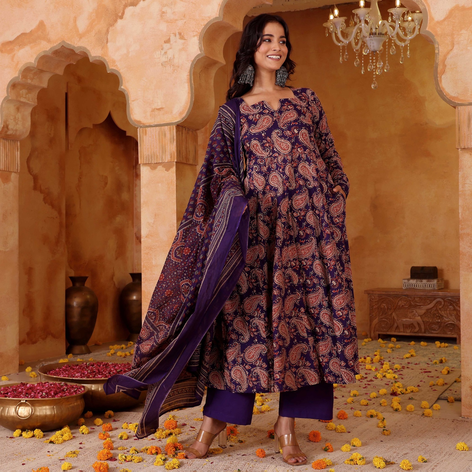 Purple Printed Rayon Blend Kurta Set