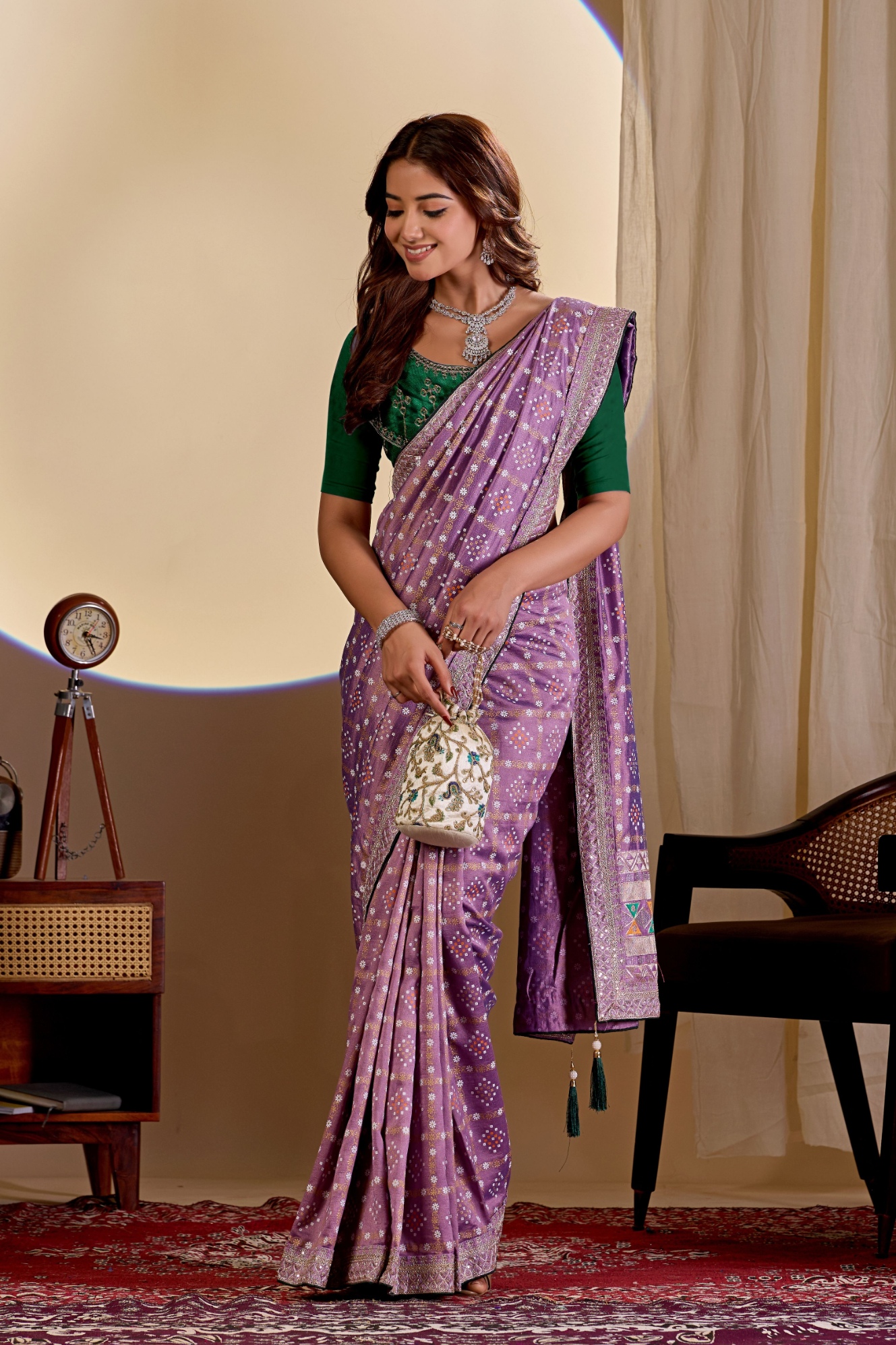 Purple Printed Vichitra Saree