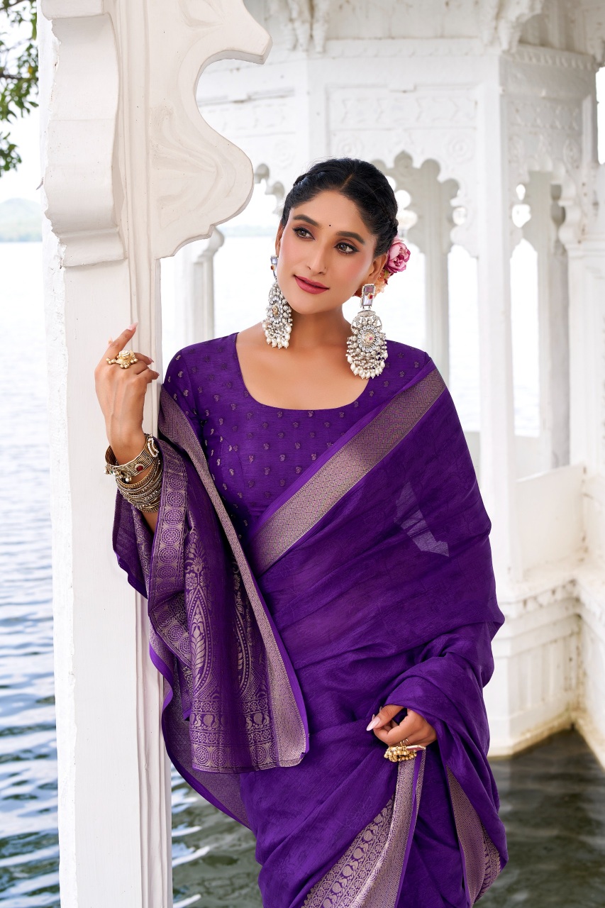 Purple Printed Weaving Zari Chinon Saree — alternate view