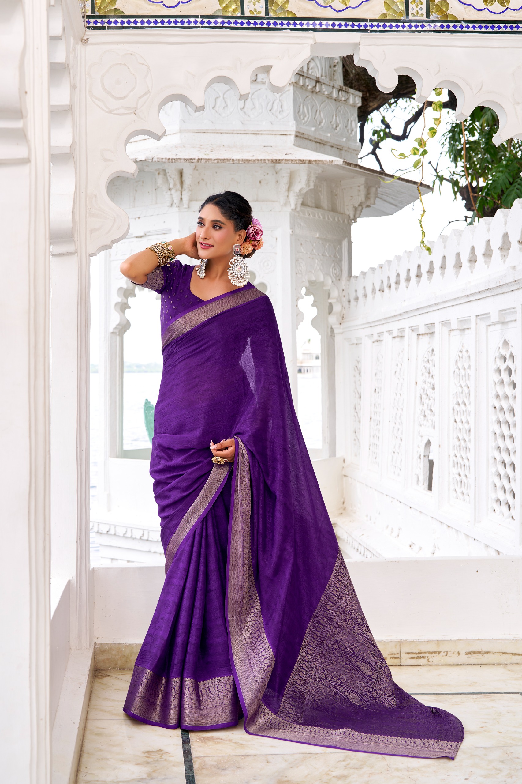 Purple Printed Weaving Zari Chinon Saree
