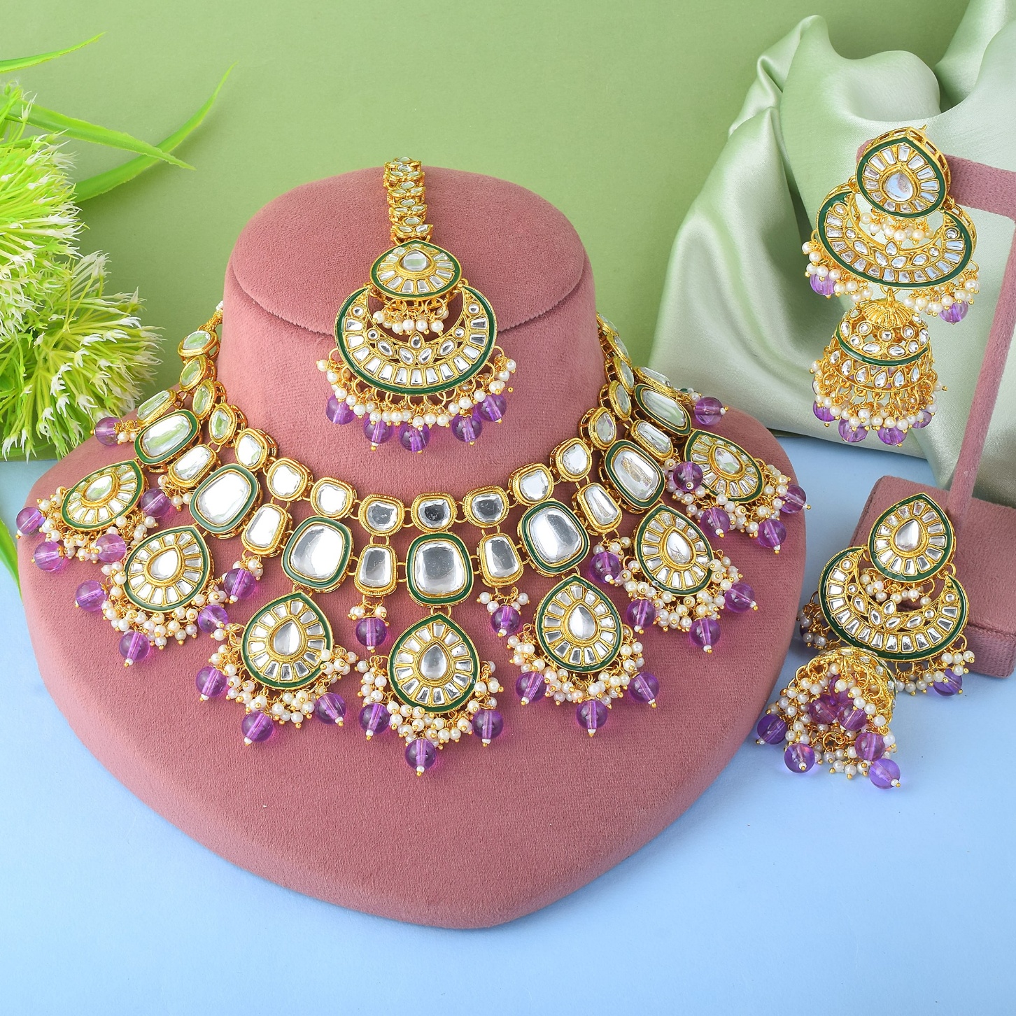 Purple Rajwadi Kundan Bridal Jewellery Set