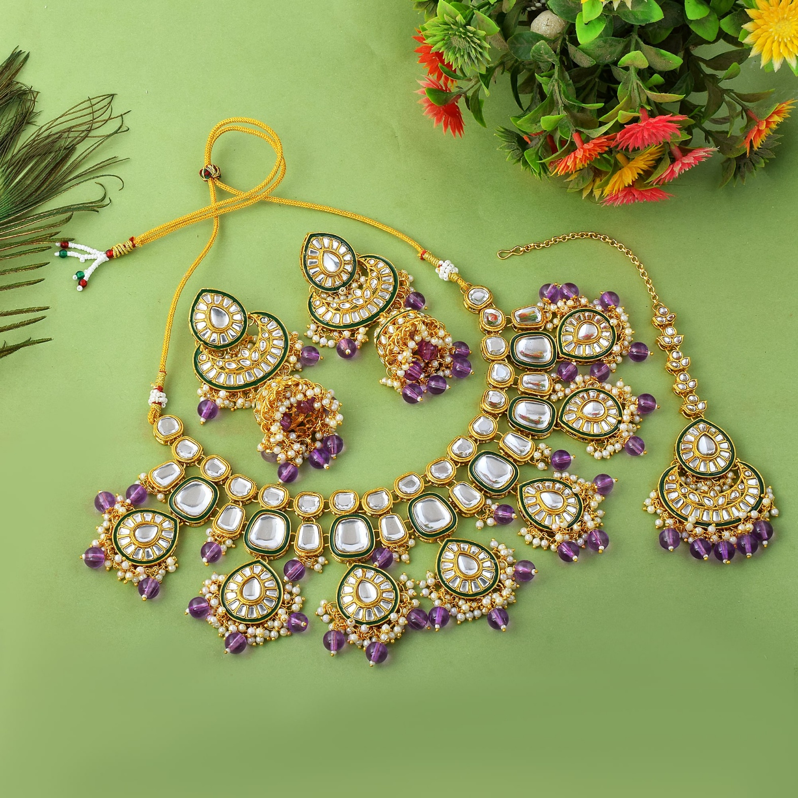 Purple Rajwadi Kundan Bridal Jewellery Set
