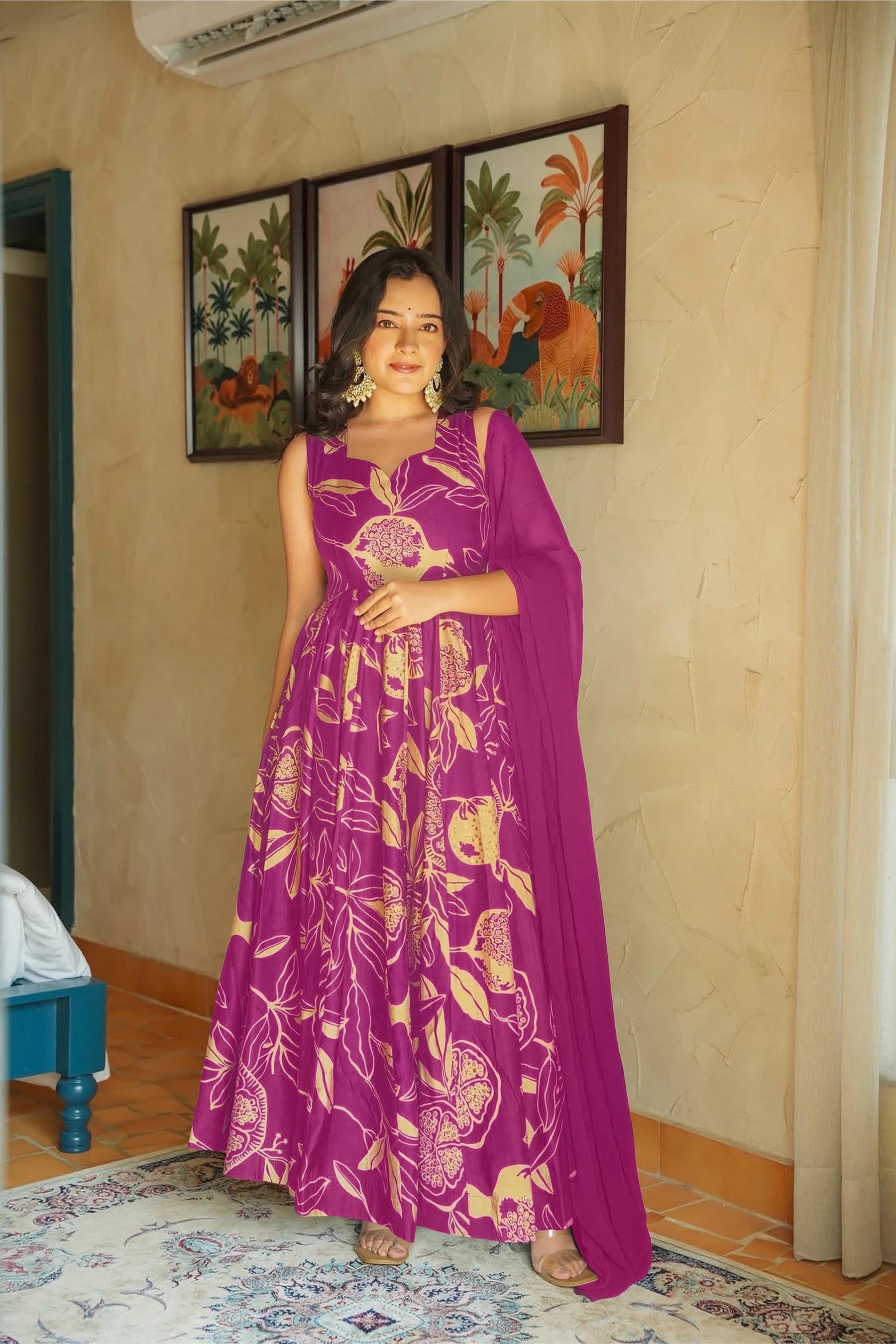 Purple Rayon Digital Printed Gown