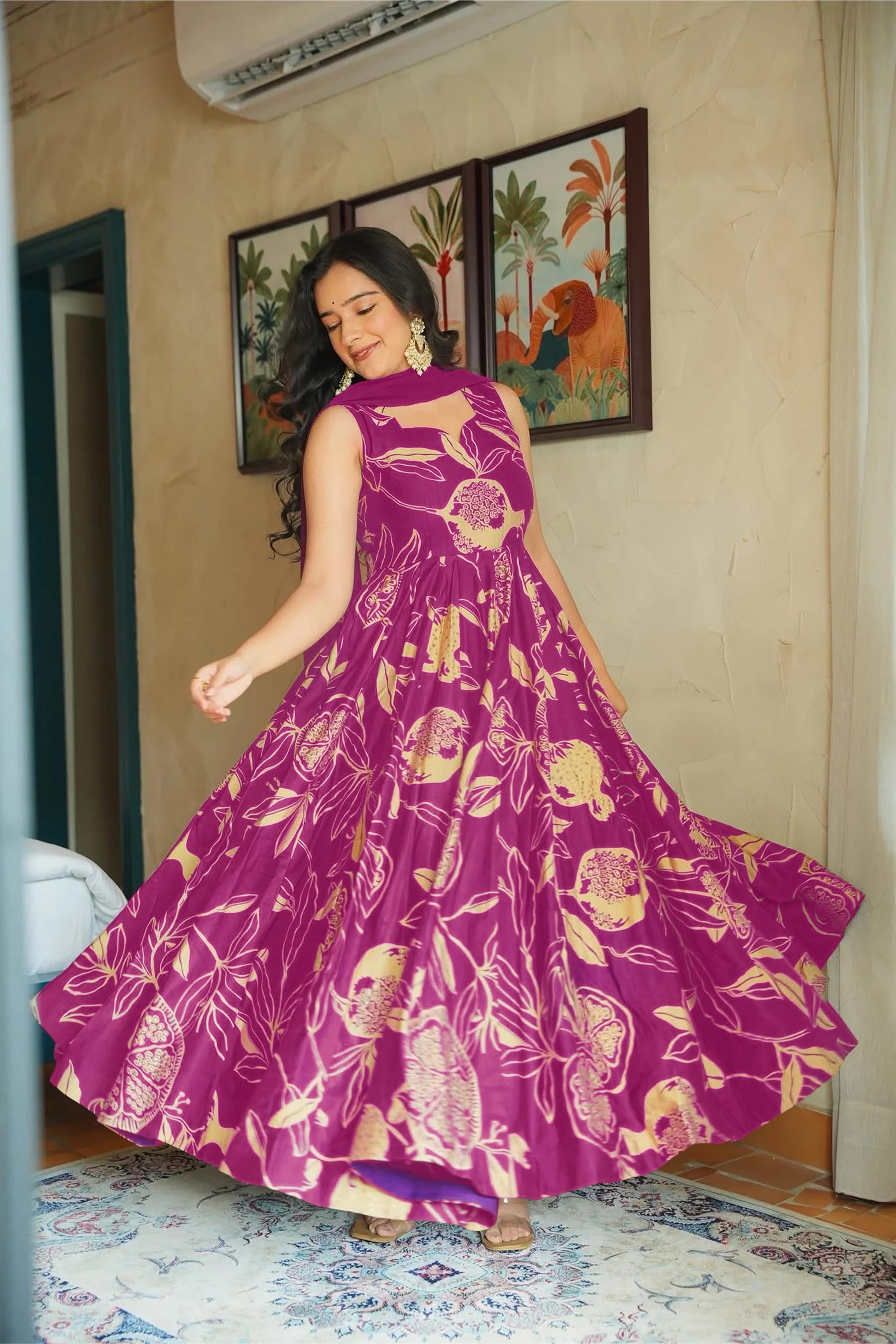 Purple Rayon Digital Printed Gown