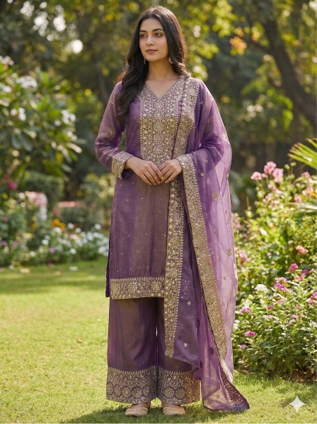 Purple Reception Embroidered Pure Fendy Silk Palazzo Suit