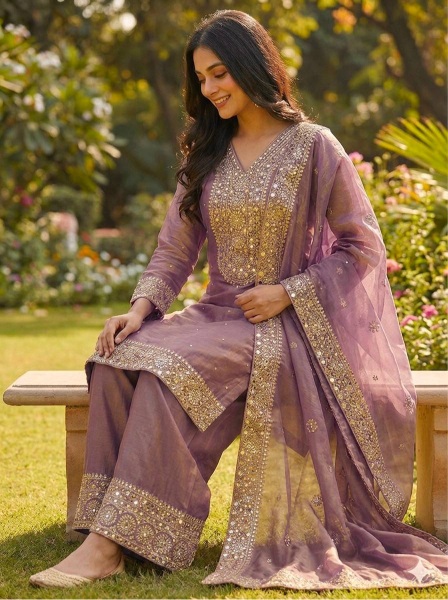 Purple Reception Embroidered Pure Fendy Silk Palazzo Suit — alternate view