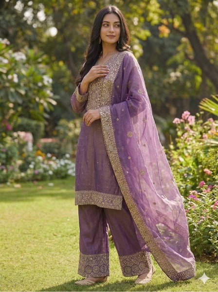Purple Reception Embroidered Pure Fendy Silk Palazzo Suit