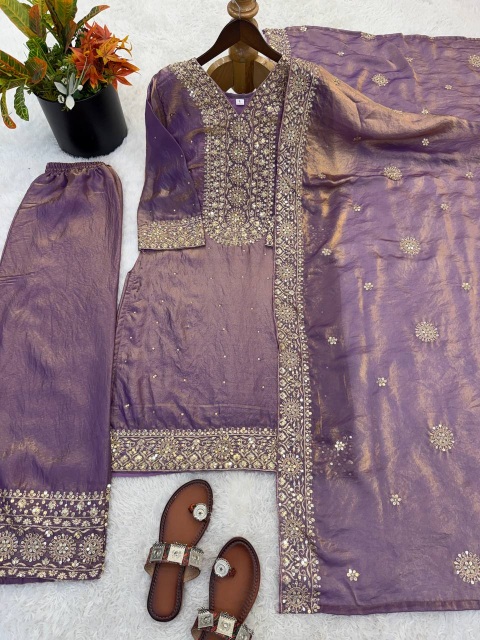 Purple Reception Embroidered Pure Fendy Silk Palazzo Suit