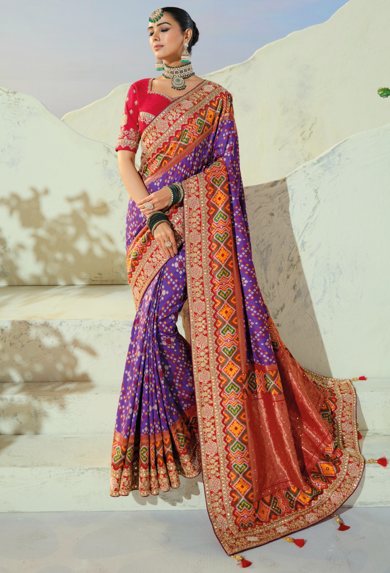 Purple Red Patola Mirrorwork Pure Patan Saree
