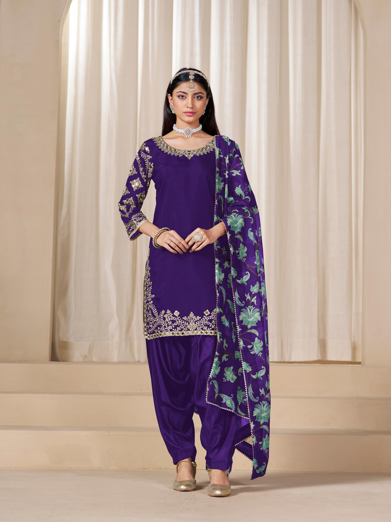 Purple Roman Silk Patiala Suit
