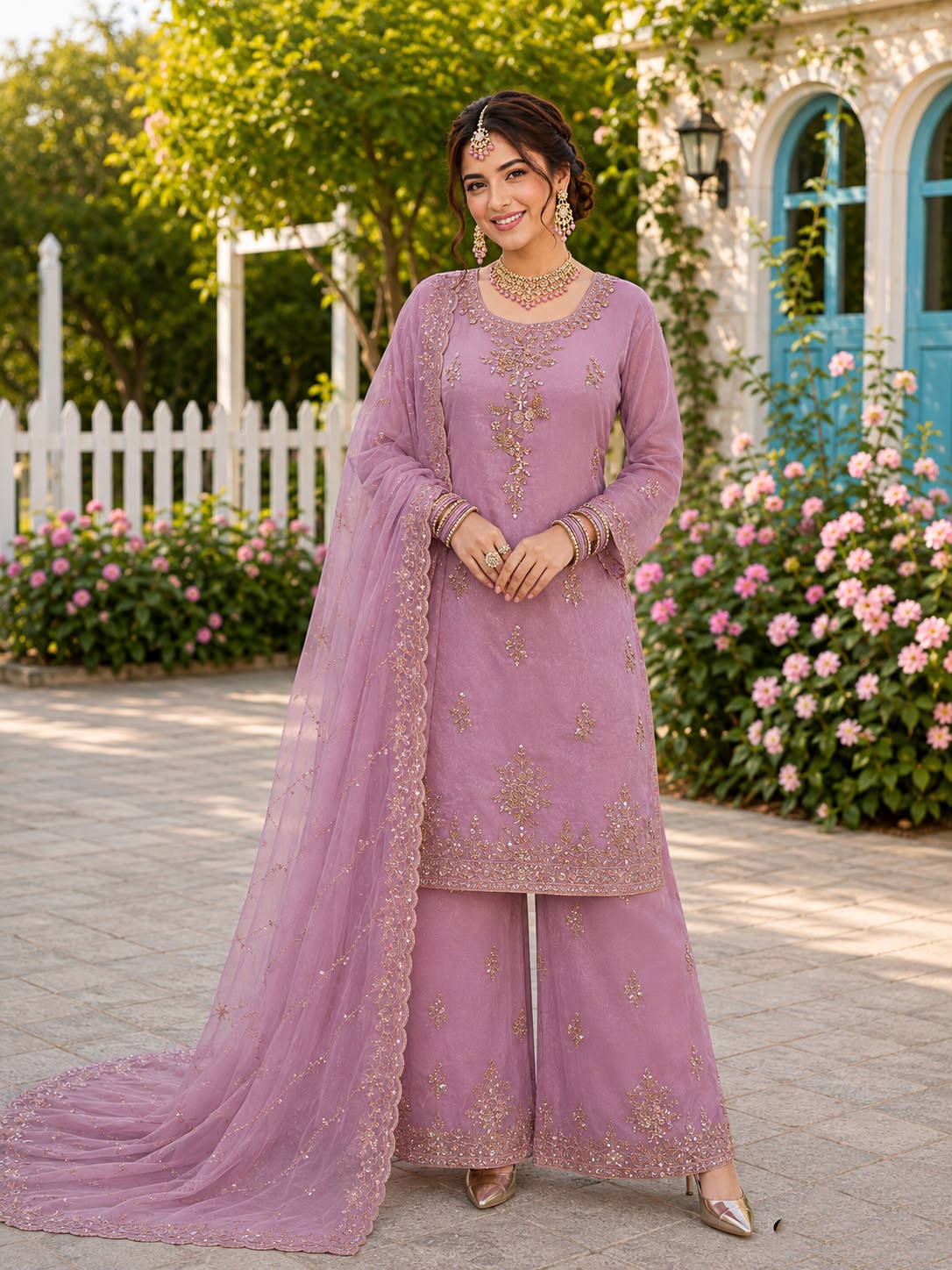 Purple Rose Gold Beadwork Palazzo Suit