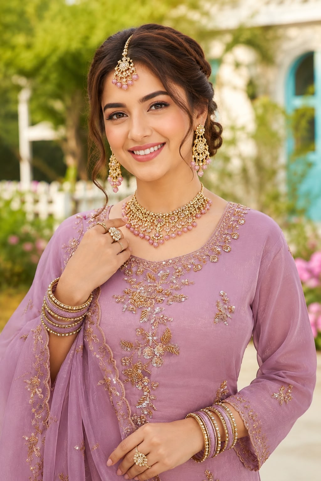 Purple Rose Gold Beadwork Palazzo Suit