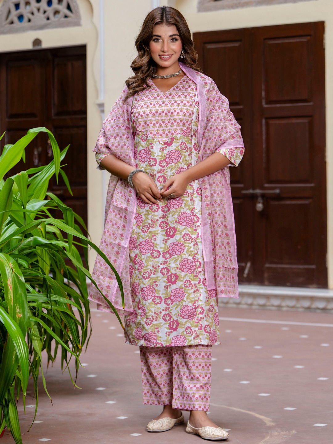 Purple Round Neck Botanical Printed Cotton Suit Set