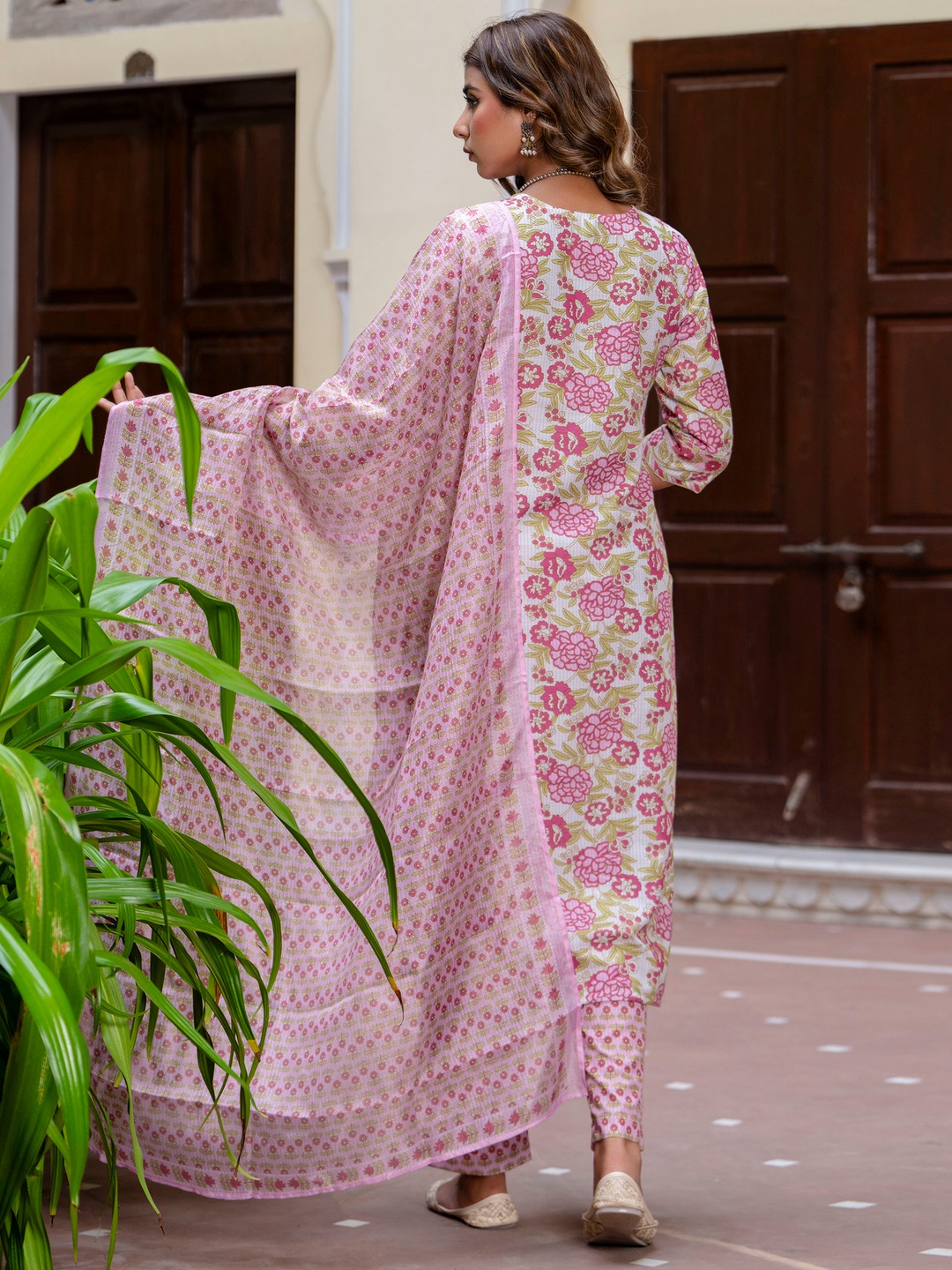 Purple Round Neck Botanical Printed Cotton Suit Set — alternate view