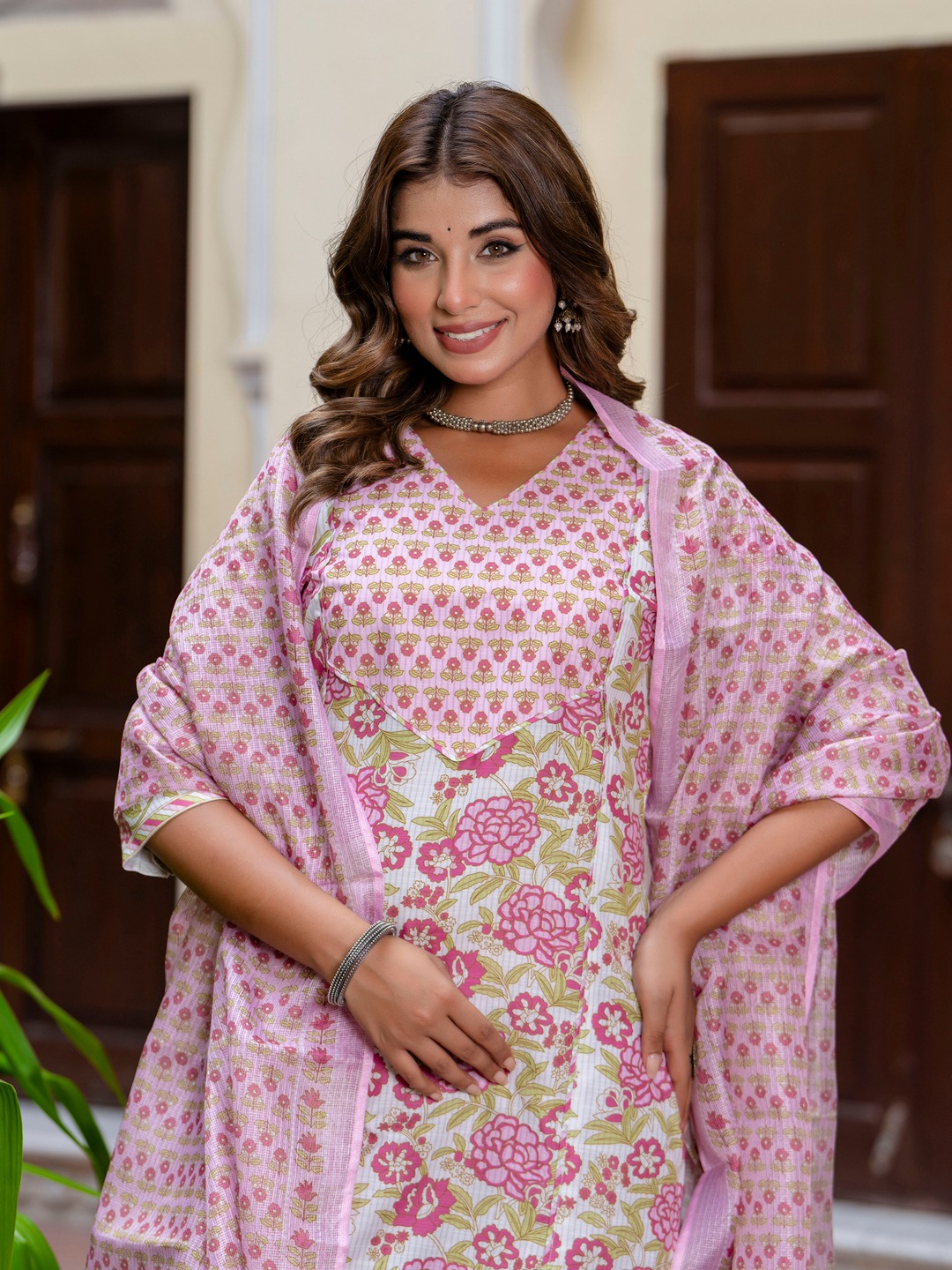 Purple Round Neck Botanical Printed Cotton Suit Set