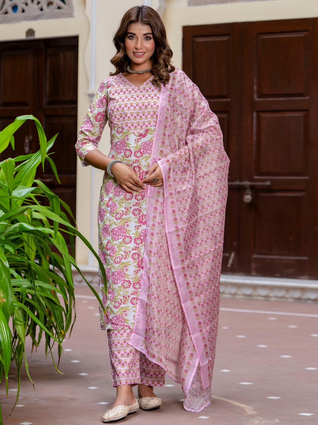 Purple Round Neck Botanical Printed Cotton Suit Set