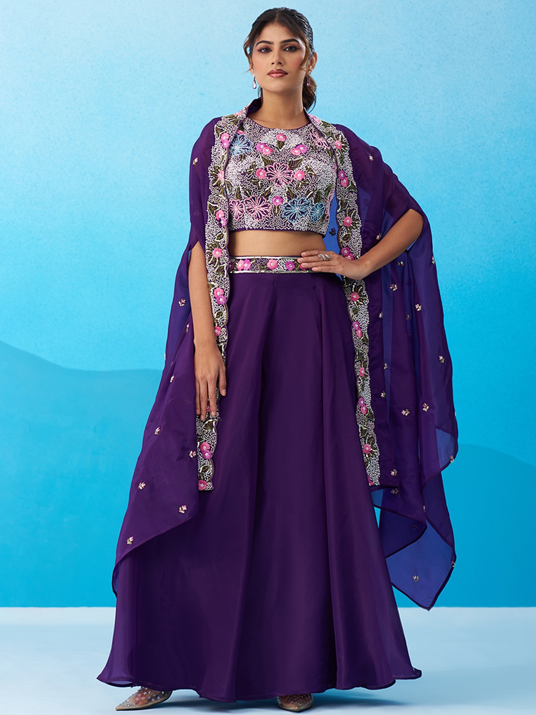 Purple Royal Layered Embroidered Crepe Indo Western Set