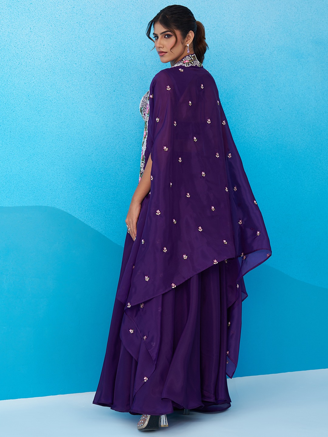 Purple Royal Layered Embroidered Crepe Indo Western Set — alternate view