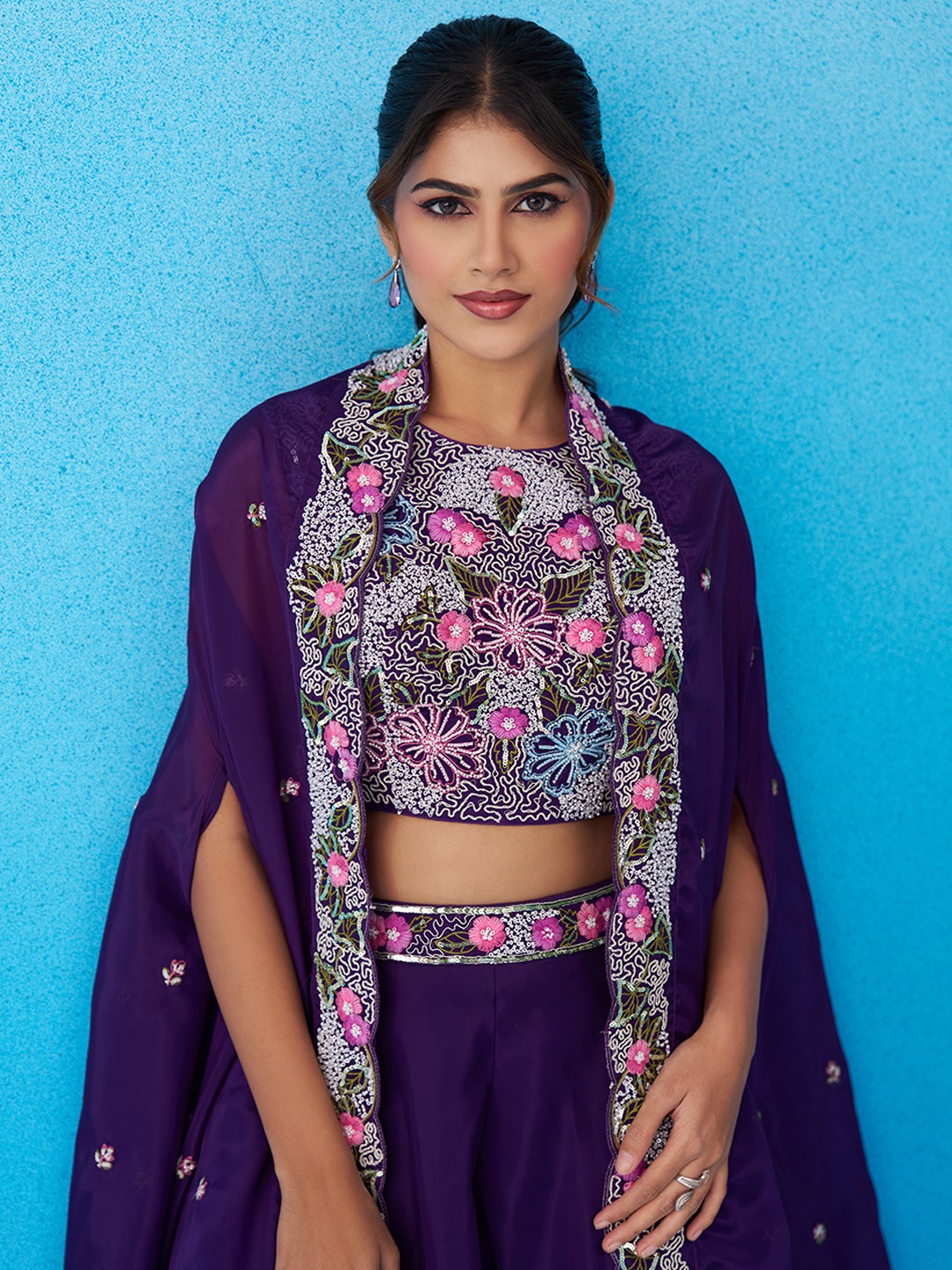 Purple Royal Layered Embroidered Crepe Indo Western Set