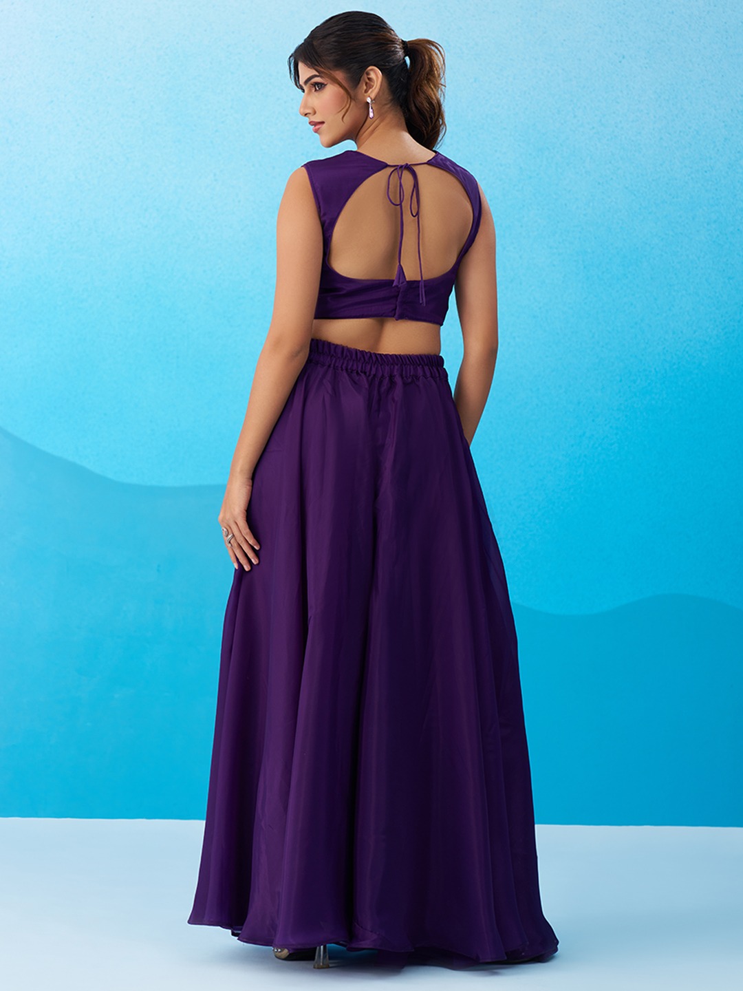 Purple Royal Layered Embroidered Crepe Indo Western Set