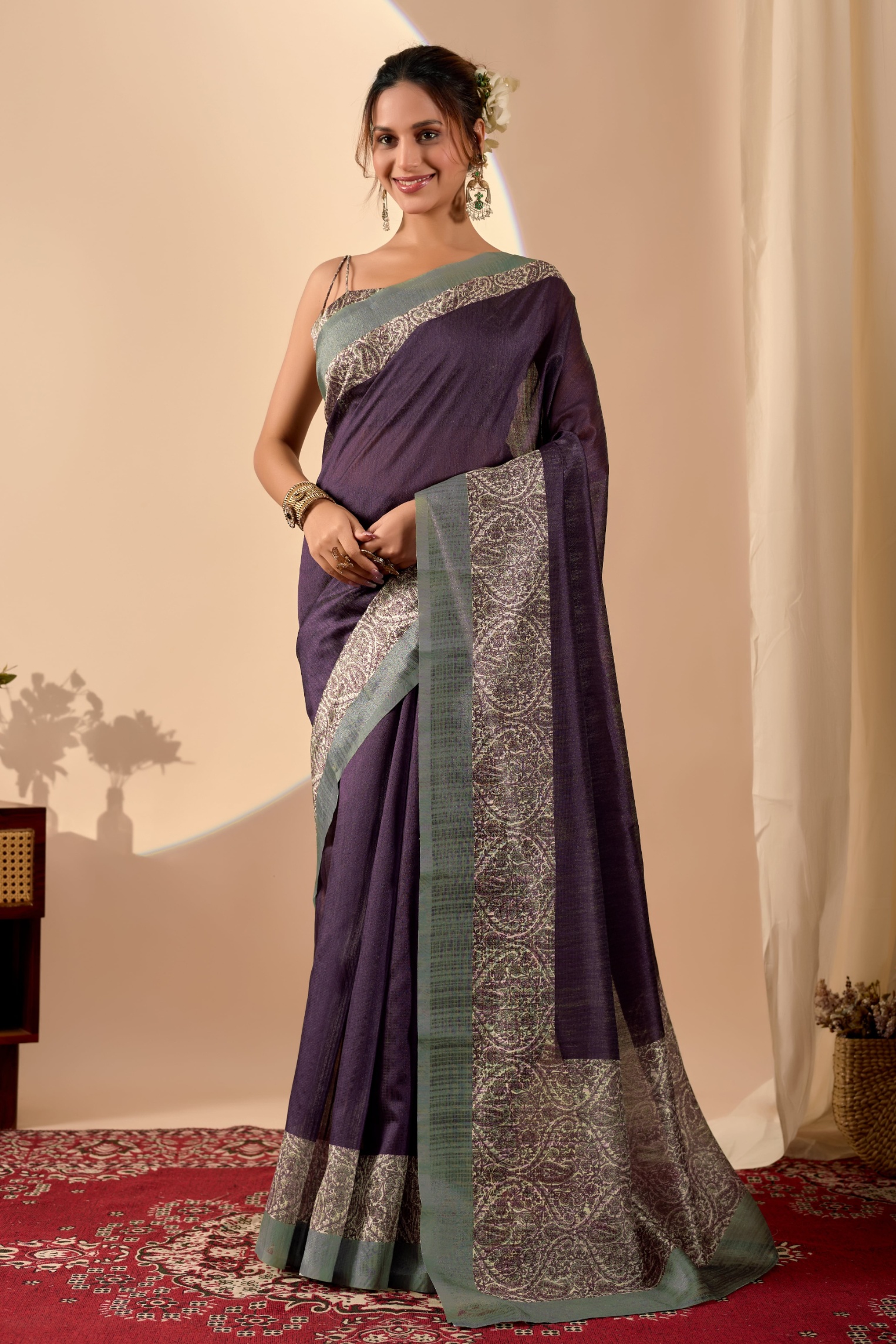 Purple Royal Paisley Jute Silk Ready To Wear Saree