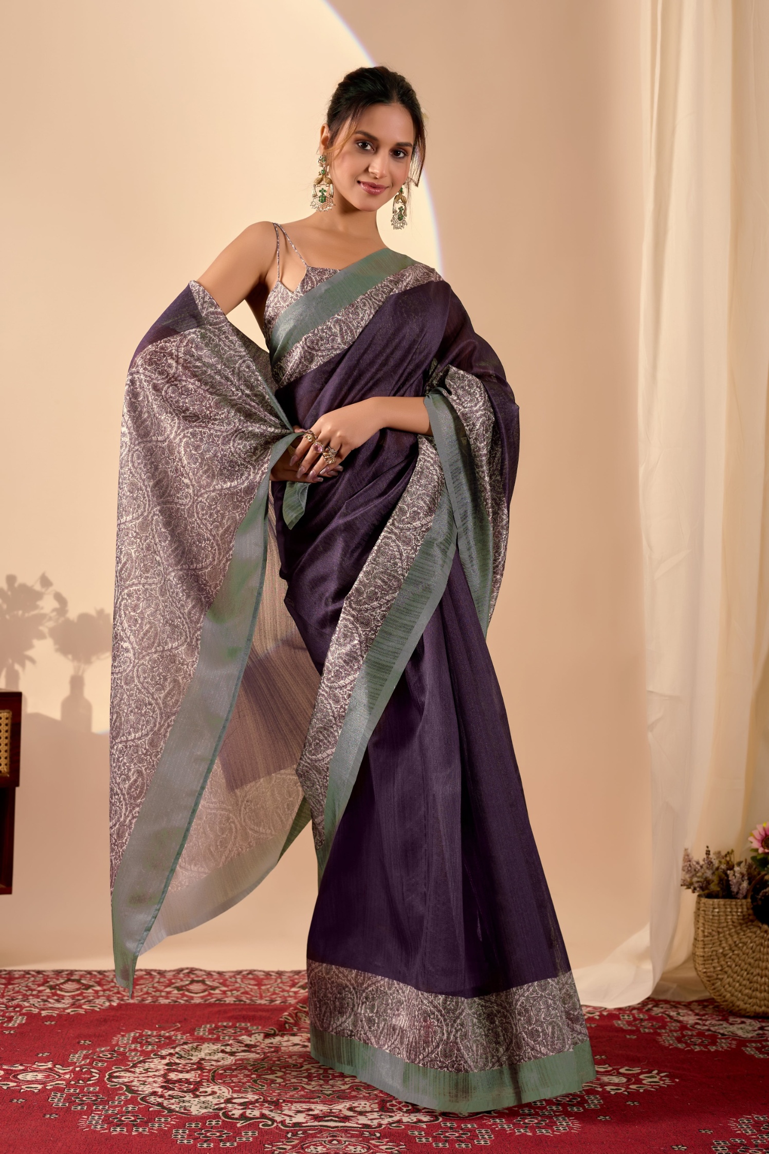 Purple Royal Paisley Jute Silk Ready To Wear Saree
