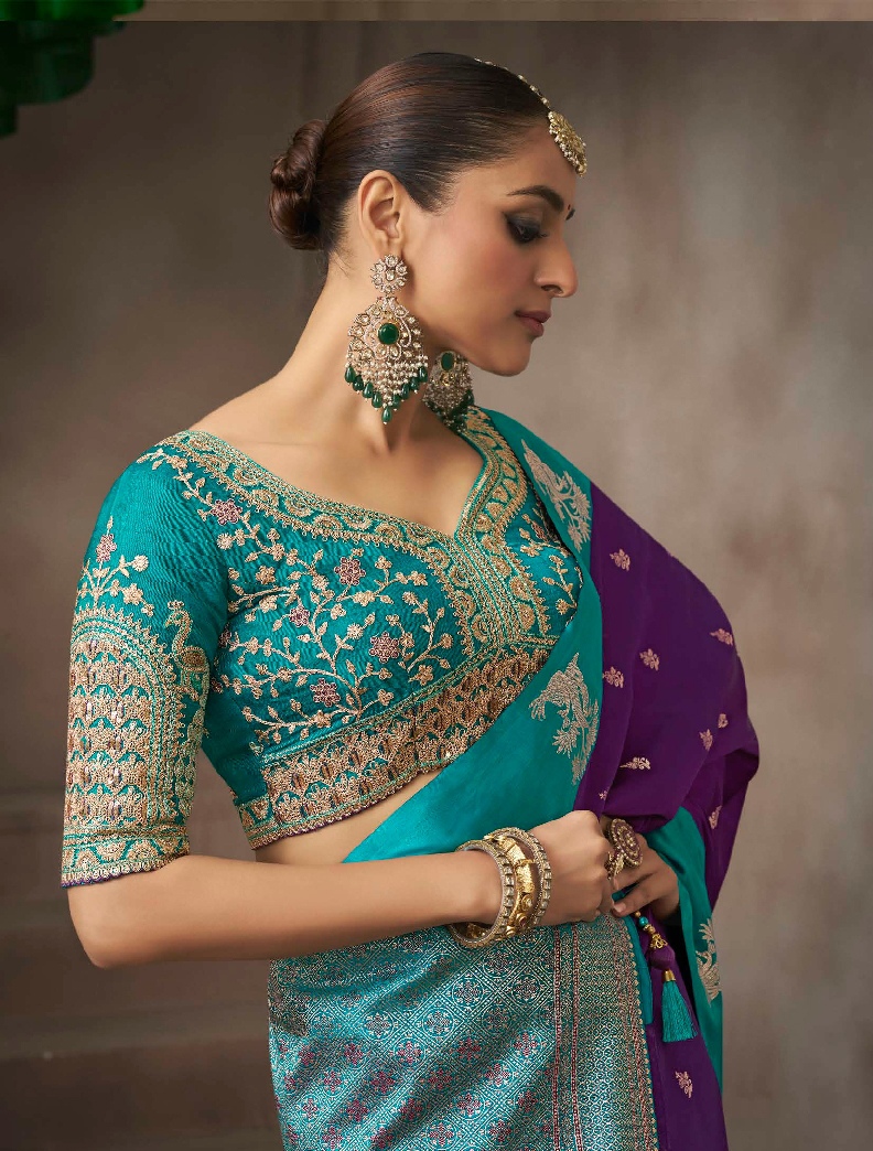 Purple Satin Silk Floral Zari Enriched Saree